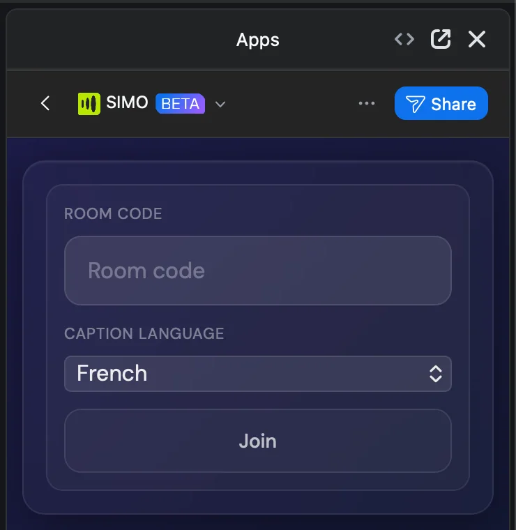 SIMO Zoom listener language screen